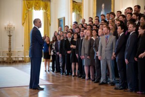 President Barack Obama talks with the Presidential Early Career Award for Scientists and Engineers (PECASE) recipients in the East Room of the White House, April 14, 2014. (Official White House Photo by Pete Souza) 