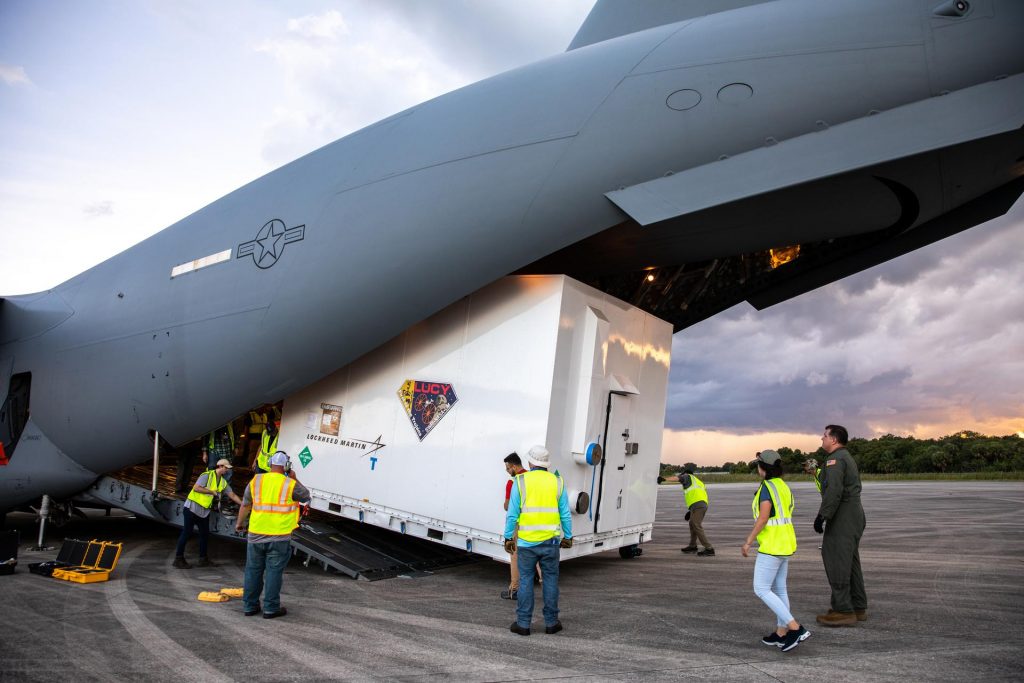 NASA's Lucy spacecraft unloaded at Kennedy Space Center