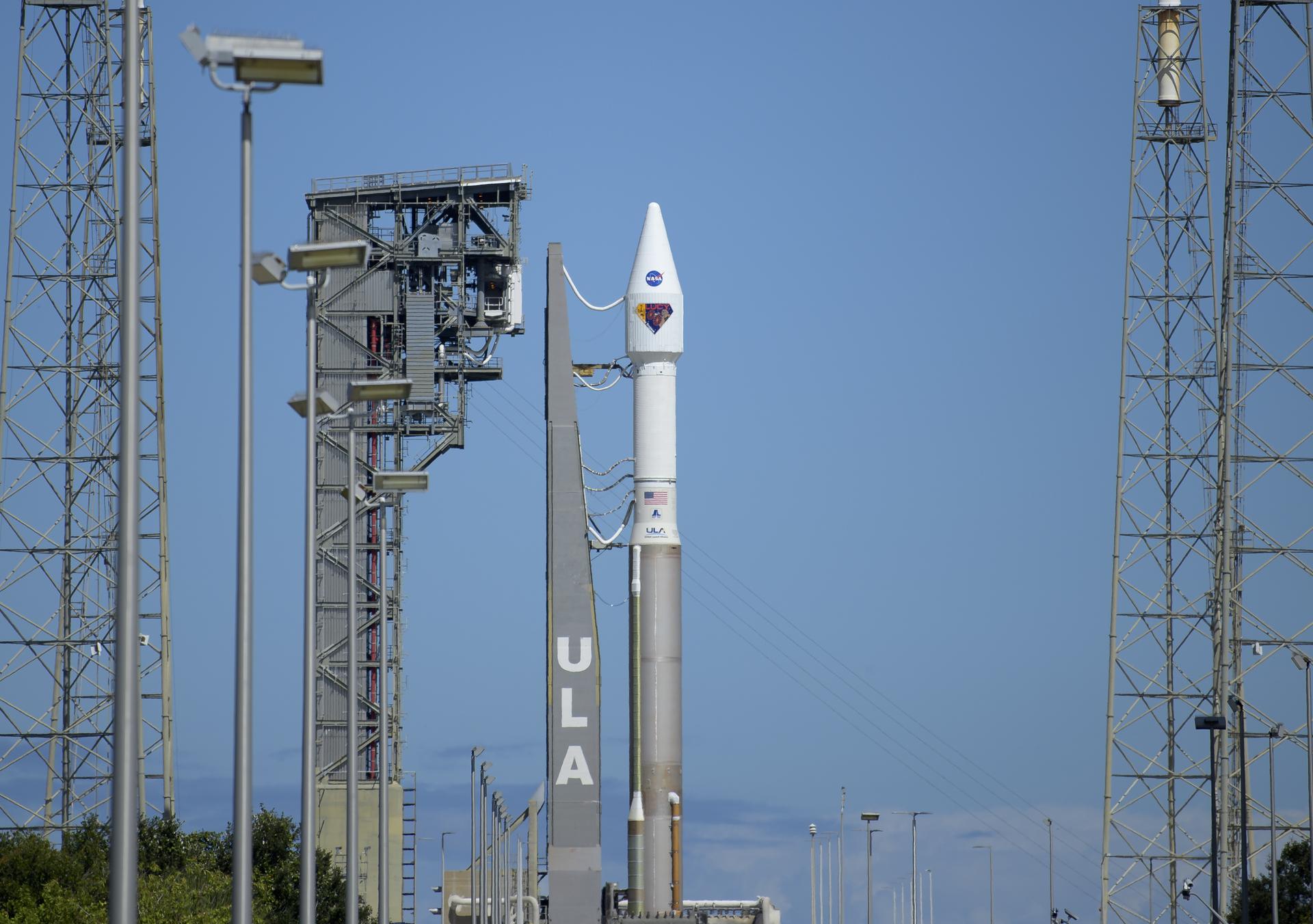 A United Launch Alliance Atlas V rocket with the Lucy spacecraft aboard is seen at Space Launch Complex 41, Thursday, Oct. 14, 2021, at Cape Canaveral Space Force Station in Florida. 