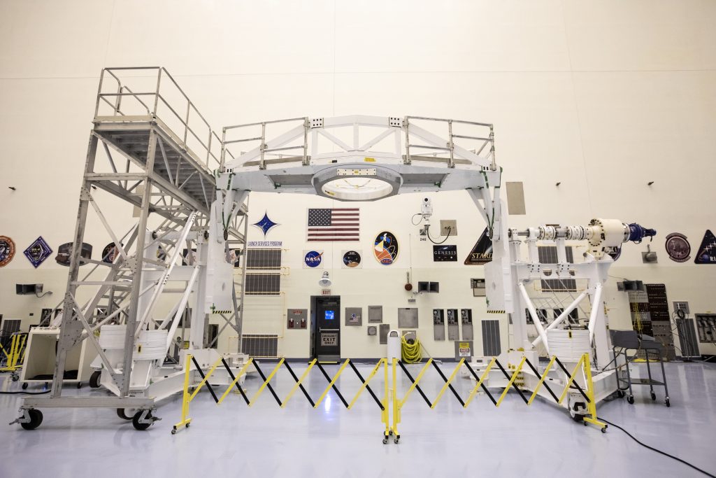 The Spacecraft Assembly and Rotation Fixture (SCARF) that will be used to process the Mars 2020 rover is photographed inside the Payload Hazardous Servicing Facility at NASA’s Kennedy Space Center in Florida on Nov. 22, 2019. 