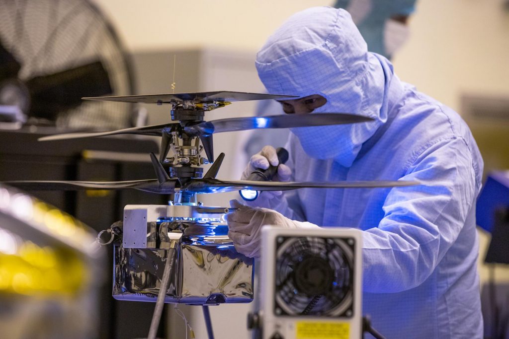 NASA’s Mars Helicopter and its cruise stage undergo functional testing in the airlock inside Kennedy Space Center’s Payload Hazardous Servicing Facility on March 10, 2020. 