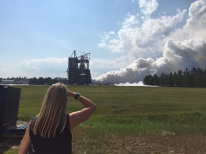 NASA Deputy Administrator Dava Newman watches an RS-25 engine test at NASA's Stennis Space Center in Mississippi.  Photo credit: NASA/Stennis