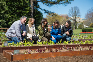 First Lady Michelle Obama, holds up NASA Veggie stickers while posing with Brad Carpenter, NASA chief scientist, Space Life and Physical Sciences, left; NASA Deputy Administrator Dava Newman, second left; NASA astronaut Cady Coleman, second right; and Gioia Massa, science team lead, Veggie project, right; after planting the same variety of lettuce that was grown on the International Space Station in the White House Kitchen Garden on Tuesday, April 5, 2016 in Washington, DC. Photo Credit: (NASA/Aubrey Gemignani)