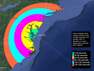 Map of the Mid-Atlantic region. The land is green and the ocean is dark blue. Visibility area for viewers with a line-of-sight 150-180 seconds after launch is an orange semi-circle reaching from Massachusetts through Pennsylvania and to South Carolina. Visibility from 120-150 seconds is indicated by an aqua semi-circle from Connecticut to North Carolina. Visibility from 90-120 seconds is indicated by a bright pink semi-circle from New Jersey to the northern part of North Carolina. Visibility from 60-90 seconds is indicated by a bright yellow semi-circle from Pennsylvania to Virginia. Cities pinned inside this semi-circle are Richmond, Washington, Dover, Baltimore, and Philadelphia. There is a smaller, bright green semi-circle on the coast between Richmond and Dover that indicates line-of-sight viewing from 30-60 seconds after launch. Innermost part of the semi-circle is blue and labeled the “launch site.”