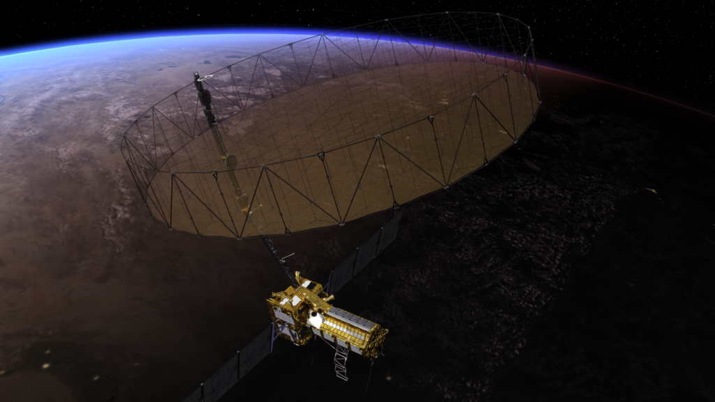 NISAR is pictured in this artist's concept, in flight in Earth's orbit, with Earth in the background