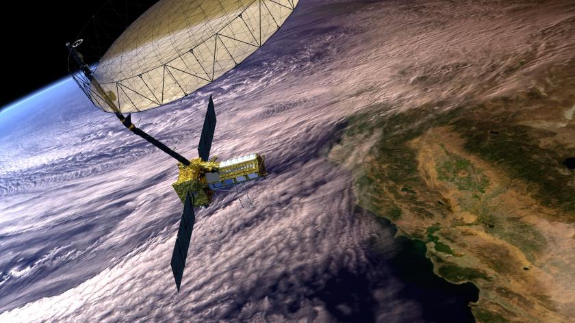 This artist’s concept depicts the NISAR satellite in orbit over central and Northern California.