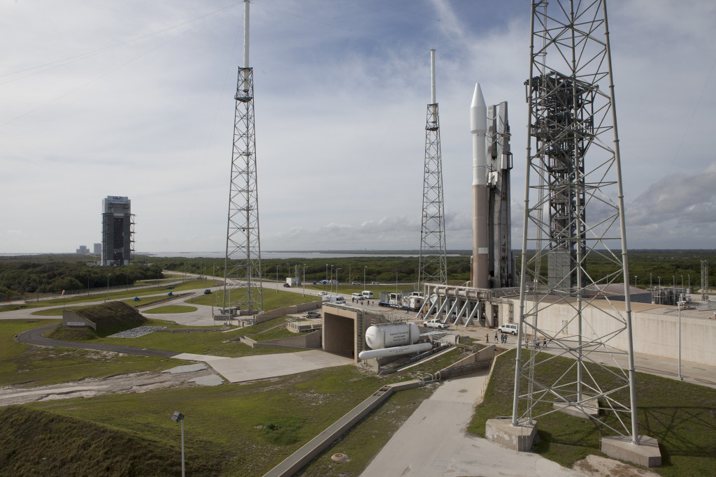 The United Launch Alliance Atlas V rocket set to launch the Orbital ATK Cygnus spacecraft to the International Space Station is in place at Space Launch Complex 41 at Cape Canaveral Air Force Station in Florida. Photo credit: United Launch Alliance