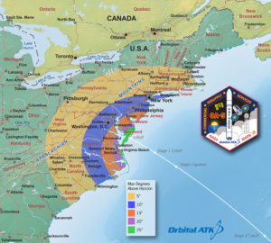 This graphic depicts the maximum elevation the Antares rocket will appear above the horizon for skywatchers in the Mid-Atlantic. For example, a viewer in Pittsburg would not expect to see the rocket appear higher in the sky than five degrees above the horizon (about the width of three fingers held at arm's length). A viewer in . Credit: Orbital ATK