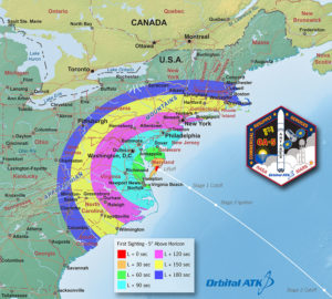 This "first-sight" map indicates potential to see Orbital ATK's Antares rocket in the minutes following its launch. Credit: Orbital ATK 