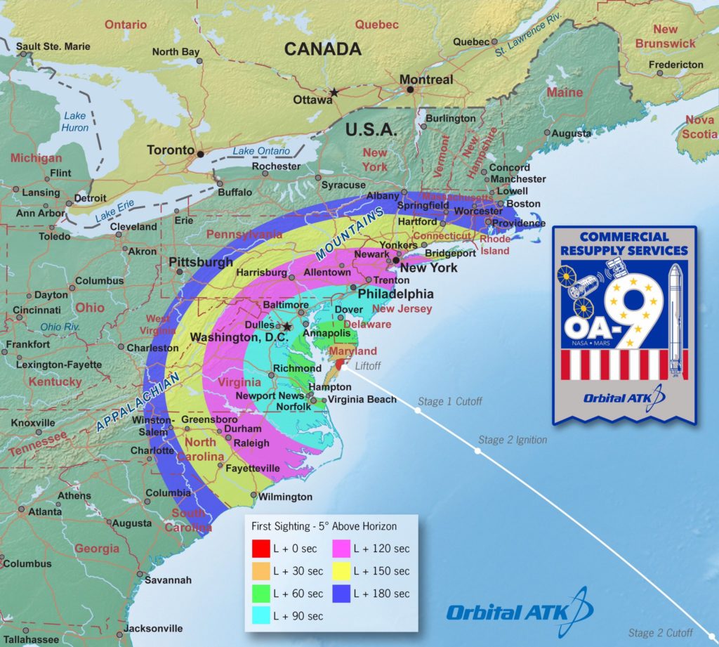 Map of locations and times on the U.S. East Coast for viewing the Antares rocket launch.