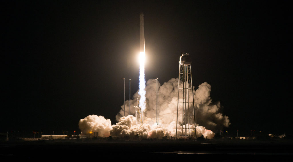 Launch of Antares rocket at night