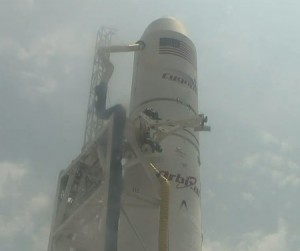 View of Orbital's Cygnus spacecraft (enclosed in its fairing) atop an Antares rocket. Credit: NASA