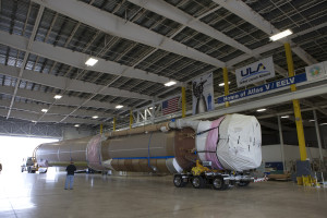 ULA Atlas V first stage arriving and offloading at wharf and being transported to the ASOC for Orbital ATK CRS-6