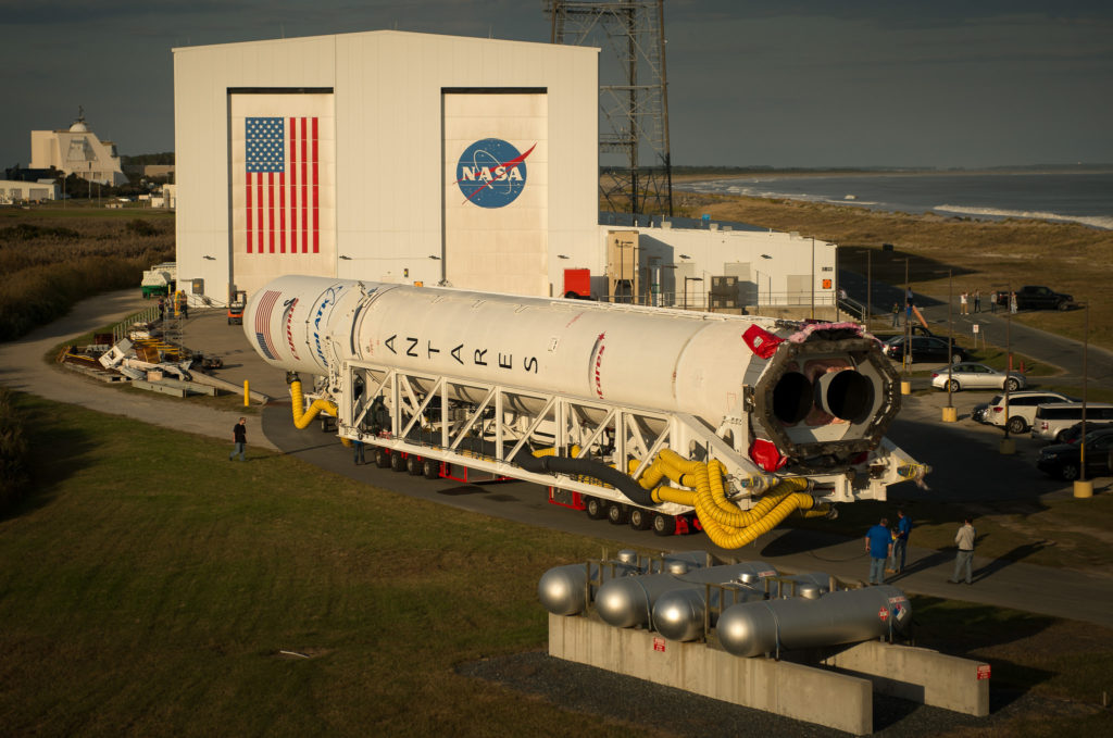 Antares rocket roll-out from Wallops HIF to MARS launch pad on Oct. 13, 2016