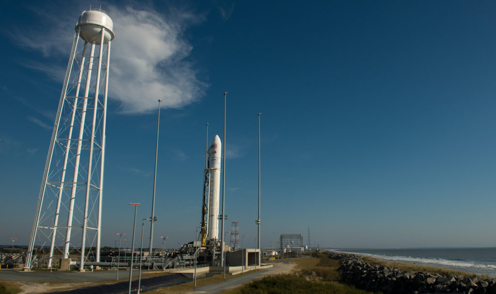 The Orbital ATK Antares rocket, with the Cygnus spacecraft onboard, is seen on launch Pad-0A, Monday, Oct. 17, 2016 at NASA's Wallops Flight Facility in Virginia. Orbital ATK’s sixth contracted cargo resupply mission with NASA to the International Space Station will deliver over 5,100 pounds of science and research, crew supplies and vehicle hardware to the orbital laboratory and its crew. Credit: NASA/Bill Ingalls