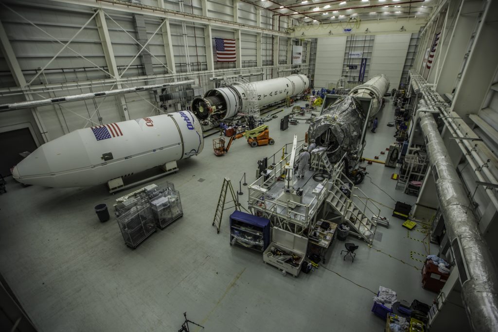 rocket and payload in fairing in warehouse