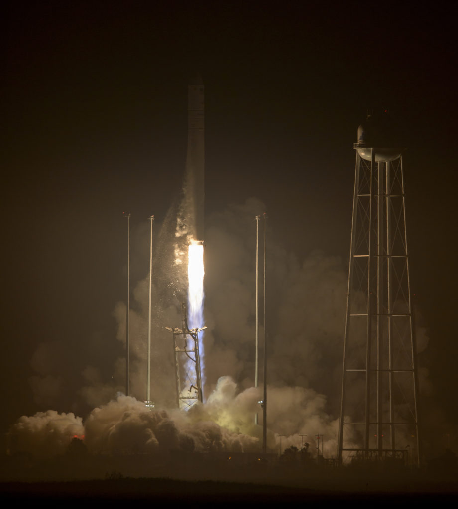 The Orbital ATK Antares rocket, with the Cygnus spacecraft onboard, launches from Pad-0A, Monday, Oct. 17, 2016 at NASA's Wallops Flight Facility in Virginia. Orbital ATK’s sixth contracted cargo resupply mission with NASA to the International Space Station is delivering over 5,100 pounds of science and research, crew supplies and vehicle hardware to the orbital laboratory and its crew. Photo Credit: (NASA/Bill Ingalls)