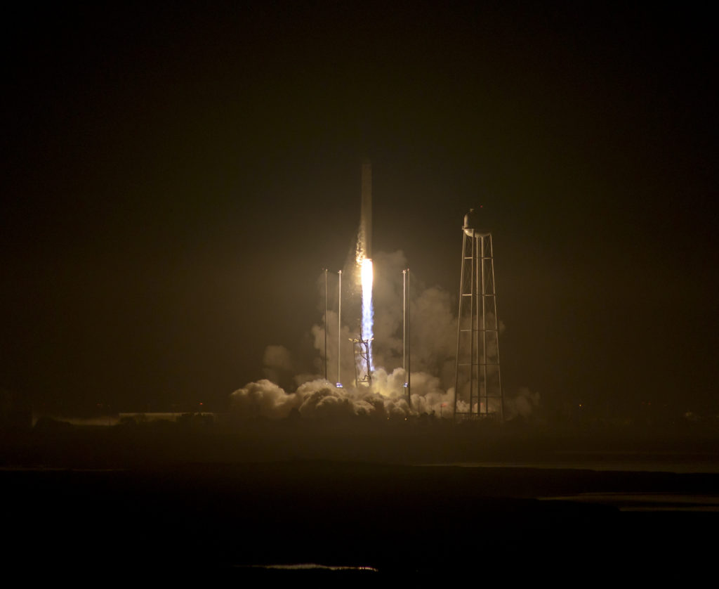 The Orbital ATK Antares rocket, with the Cygnus spacecraft onboard, launches from Pad-0A, Monday, Oct. 17, 2016 at NASA's Wallops Flight Facility in Virginia. Orbital ATK’s sixth contracted cargo resupply mission with NASA to the International Space Station is delivering over 5,100 pounds of science and research, crew supplies and vehicle hardware to the orbital laboratory and its crew. Photo Credit: (NASA/Bill Ingalls)