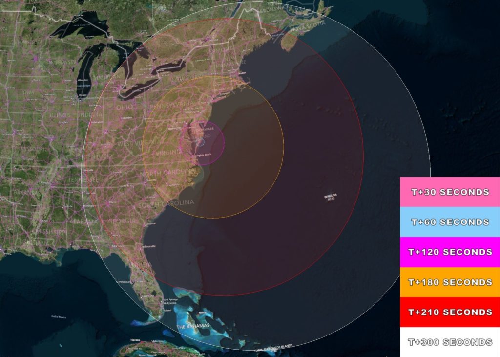 East Coast map with circles indicating approximate post-launch time for first potential sighting of Antares launch