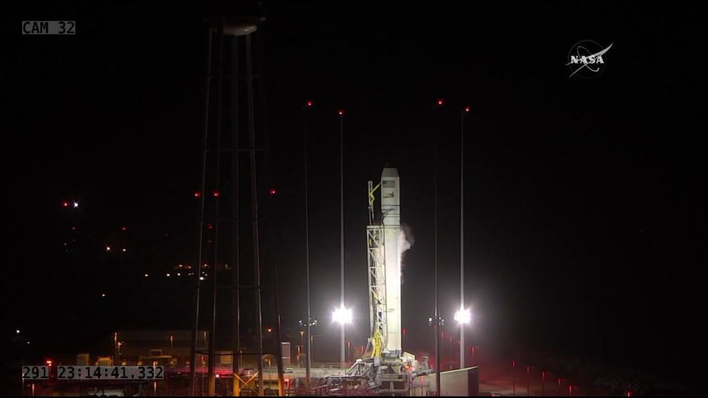 Antares rocket poised for launch from the Mid-Atlantic Regional Spaceport Pad 0-A at NASA's Wallops Flight Facility, Oct. 17, 2016. Credit: NASA TV