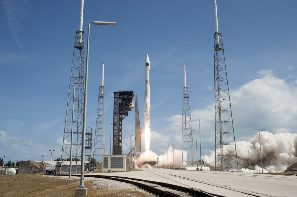 Liftoff of the United Launch Alliance Atlas V rocket carrying the Orbital ATK Cygnus module on the seventh commercial resupply services mission to the International Space Station.