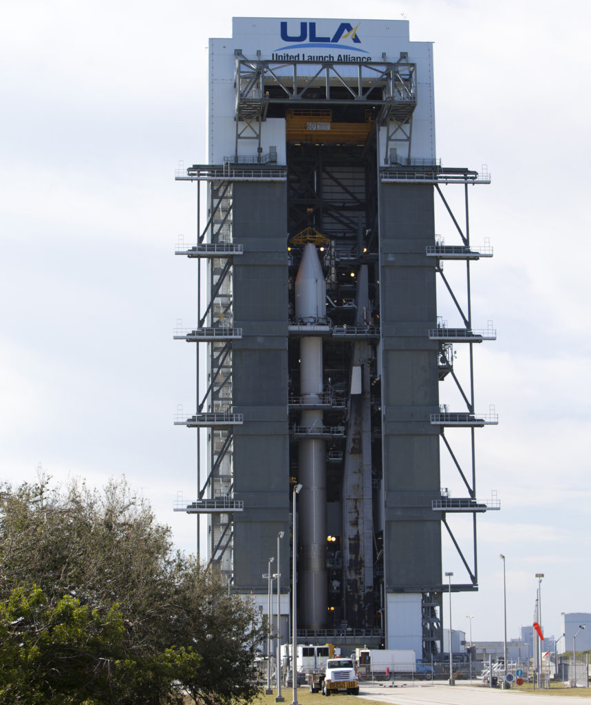 The Cygnus pressurized cargo module is mated to the Atlas V rocket at Space Launch Complex 41 at Cape Canaveral Air Force Station.