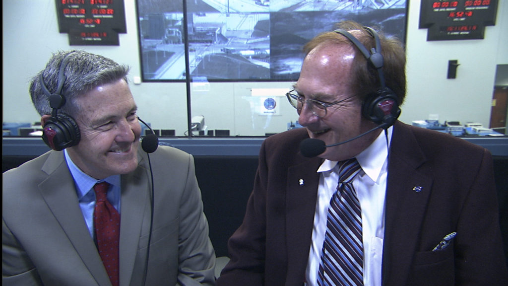 Kennedy Space Center Director Bob Cabana, left, chats with NASA Launch Commentator George Diller during coverage of the Orbital ATK CRS-7 launch. 