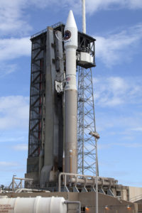 The United Launch Alliance Atlas V rocket carrying the Orbital ATK Cygnus pressurized cargo module stands ready for launch on the pad at Space Launch Complex 41 at Cape Canaveral Air Force Station in Florida. The vehicle rolled to the launch pad Monday, April 17.