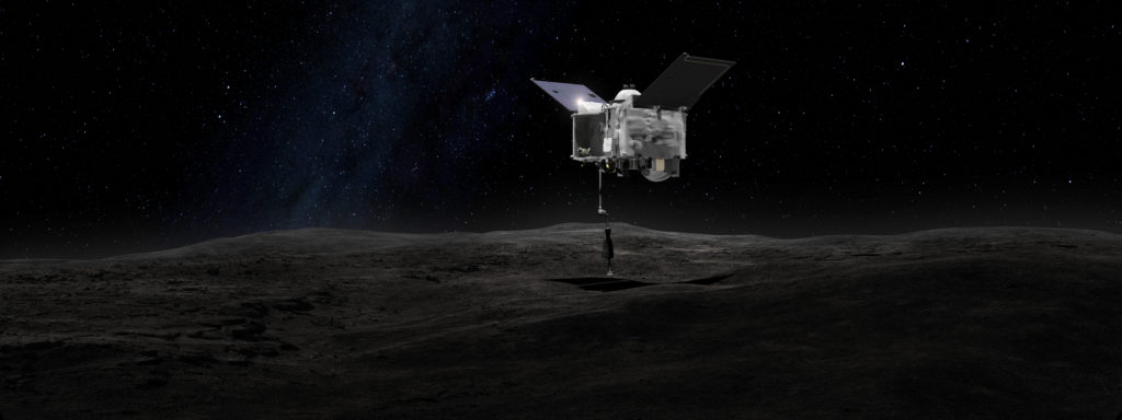 This artist's concept shows the OSIRIS-REx spacecraft contacting the asteroid Bennu.