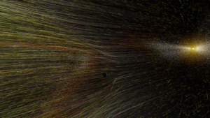 Shown is an artwork with a dark background and bright streaks streaming in the forefront. These streaks represent the solar wind, a stream of charged particles that shoot out from the Sun. On the right-hand side is the source of the streaks, a bright spot that represents the Sun. The bright spot is enveloped in tiny bright points that represent a cloud of particles in the distance.