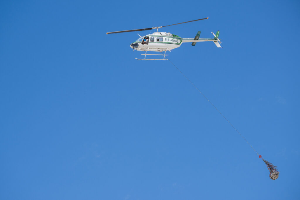 Against a bright blue background, a helicopter hovers in the top right corner. A long rope hangs from it, with a mesh pouch at the bottom.