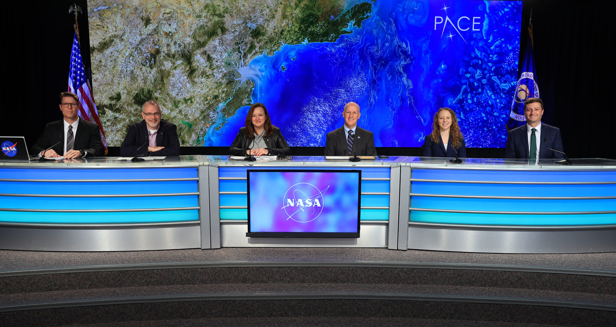 A PACE (Plankton, Aerosol, Cloud, ocean Ecosystem) mission and prelaunch news conference takes place at NASA’s Kennedy Space Center in Florida on Monday, Feb. 5, 2024. Participants, from left to right are: Derrol Nail, NASA Communications; Jim Free, NASA associate administrator; Karen St. Germain, Earth Science Division director, NASA Headquarters; Tim Dunn, senior launch director, Launch Services Program, NASA’s Kennedy; Julianna Scheiman, director Civil Satellite Missions, SpaceX; and Brian Cizek, launch weather officer, 45th Weather Squadron, U.S. Space Force.