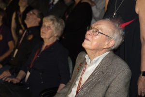 Dr. Eugene Parker watches liftoff of Delta IV Heavy rocket carrying NASA's Parker Solar Probe at 3:31 a.m. on Aug. 12, 2018.