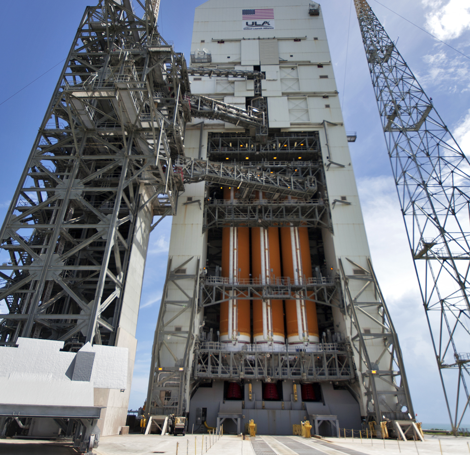 Encapsulated in its payload fairing, NASA's Parker Solar Probe has been mated to a United Launch Alliance Delta IV Heavy rocket at Cape Canaveral Air Force Station's Space Launch Complex 37 on July 31, 2018. 