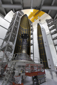 In the Astrotech processing facility in Titusville, Florida, near NASA's Kennedy Space Center, NASA's Parker Solar Probe is encapsulated in its payload fairing on July 19, 2018.