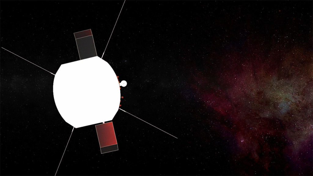 Illustration of Parker Solar Probe in space, with four antennas, two solar panels, and the Solar Probe Cup visible extending from behind the heat shield.