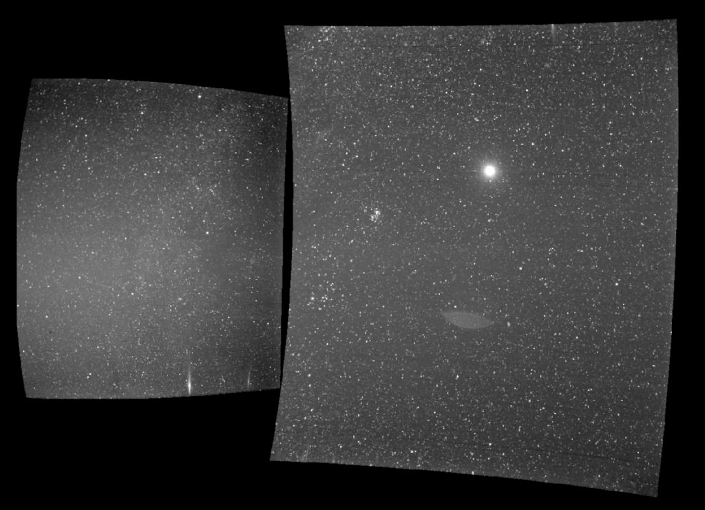 The view from Parker Solar Probe's WISPR instrument on Sept. 25, 2018, shows Earth, the bright sphere near the middle of the right-hand panel. 