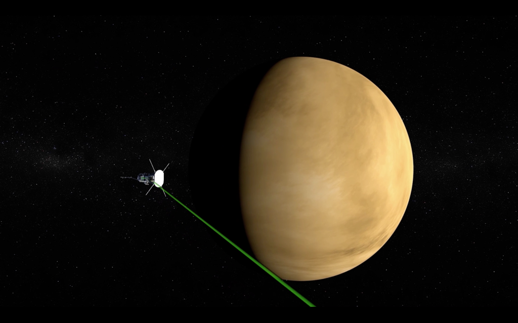 Animation of the Parker Solar Probe spacecraft flying by the planet Venus.