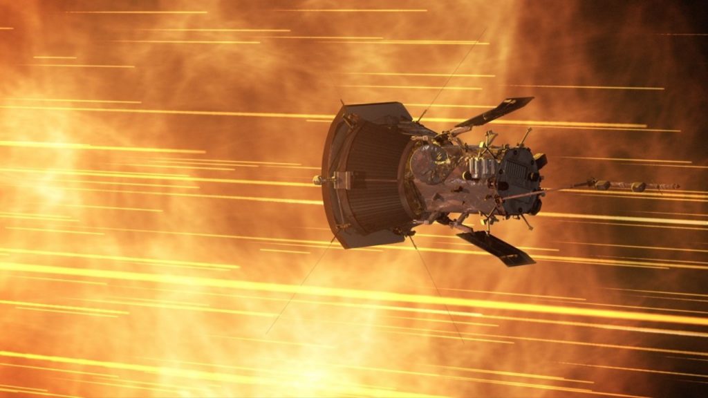 An illustration of Parker Solar Probe flying through solar material.