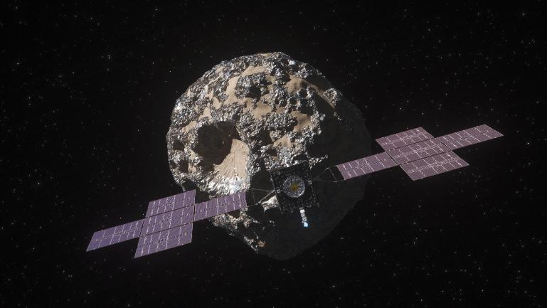 Artist's concept illustration depicting the spacecraft of NASA's Psyche mission near the mission's target, the metal asteroid Psyche.