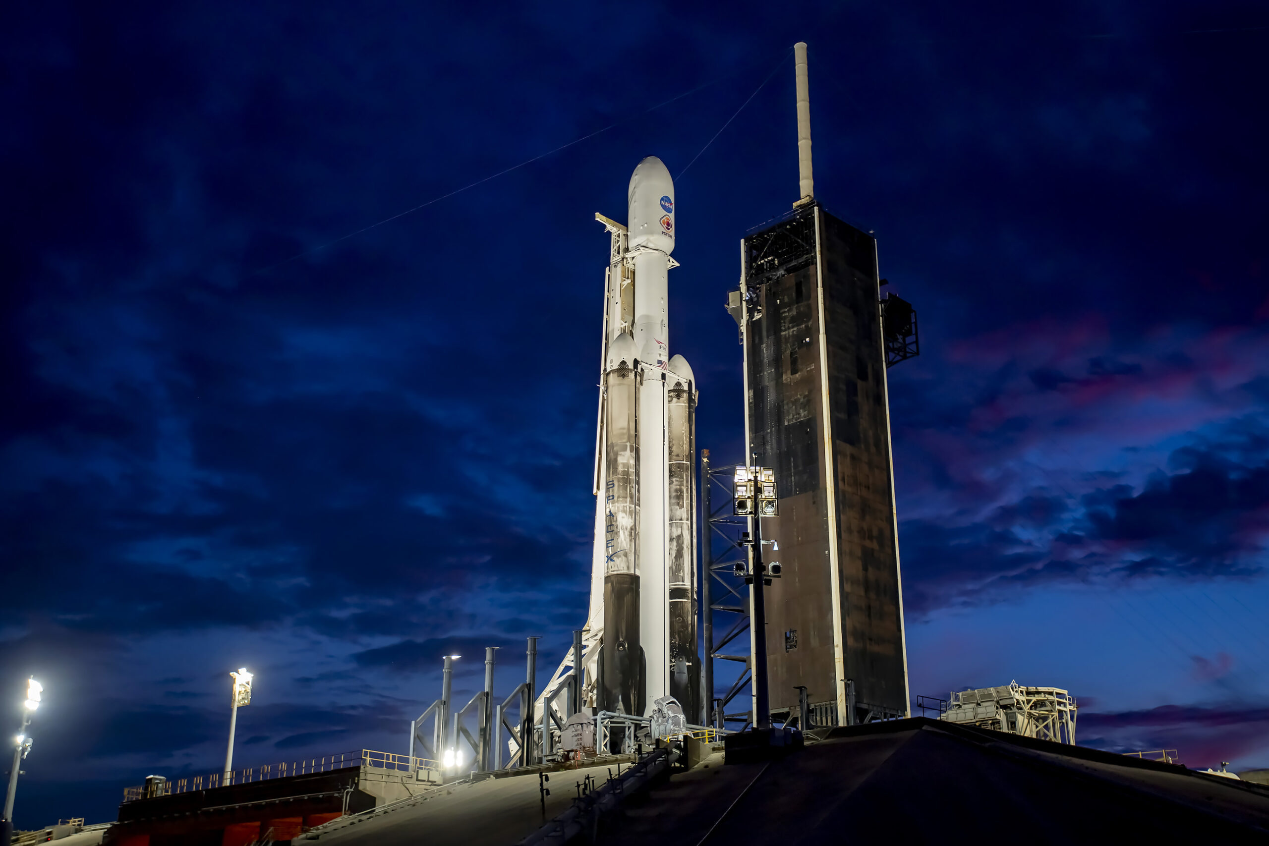 A SpaceX Falcon Heavy rocket with the Psyche spacecraft onboard is seen at Kennedy Space Center’s Launch Complex 39A on Thursday, Oct. 12, 2023. 