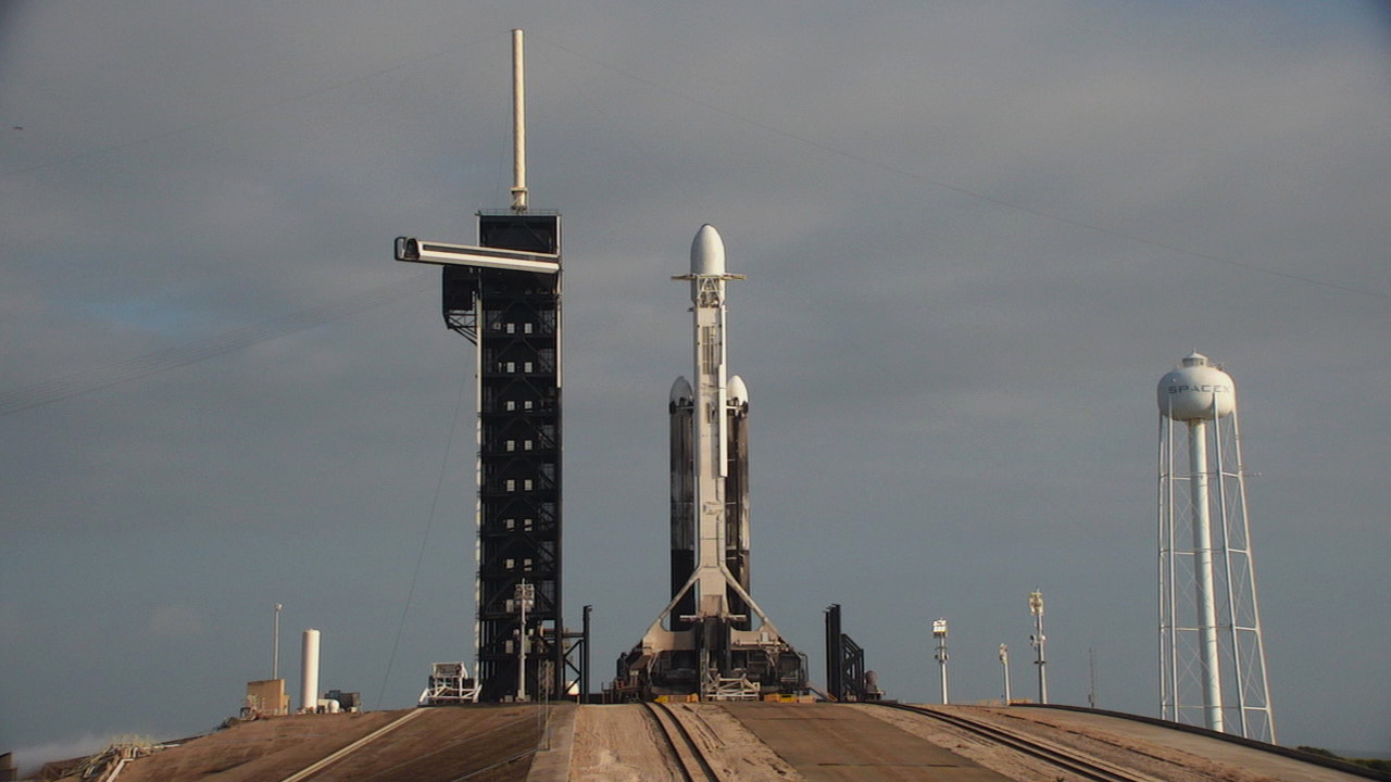 A SpaceX Falcon Heavy rocket with the Psyche spacecraft onboard is ready for launch at Kennedy Space Center’s Launch Complex 39A on Friday, Oct. 13, 2023. 