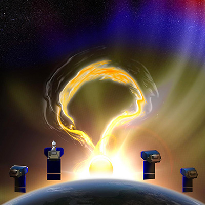 Four black and blue spacecraft hover at the bottom of the image, above Earth. The spacecraft are pointing towards a yellow, orange, and white solar flare erupting from a white and yellow Sun. The sky background is a mixture of black with bands of red, purple, blue, and light green to represent aurorae.