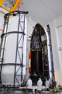 The Sentinel-6 satellite is encapsulated in the SpaceX Falcon 9 payload fairing.