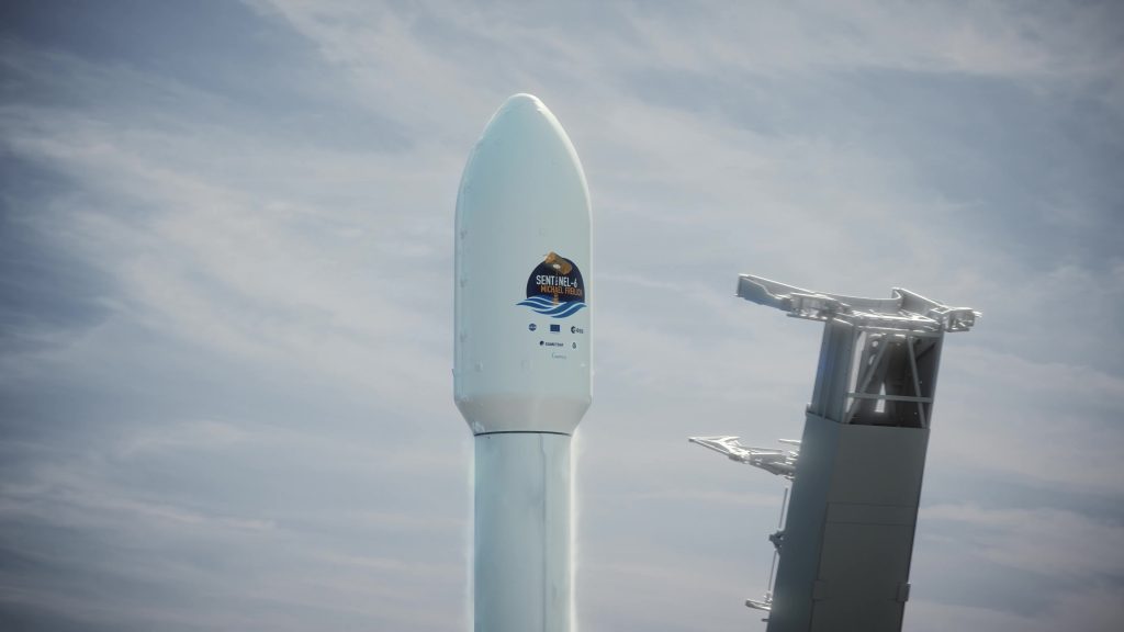 The Sentinel-6 satellite in the SpaceX Falcon 9 payload fairing.