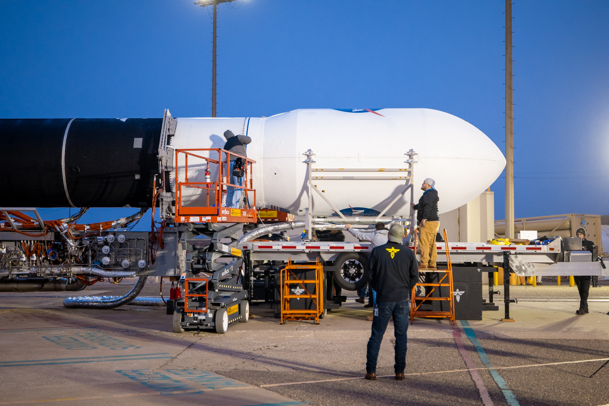 Firefly Aerospace’s Alpha rocket carrying eight CubeSats as part of NASA’s CubeSat Launch Initiative’s (CSLI) ELaNa (Educational Launch of Nanosatellites) 43 mission rolls out of the company’s Payload Processing Facility to Space Launch Complex 2 at Vandenberg Space Force Base, California, on Sunday, June 30, 2024. 