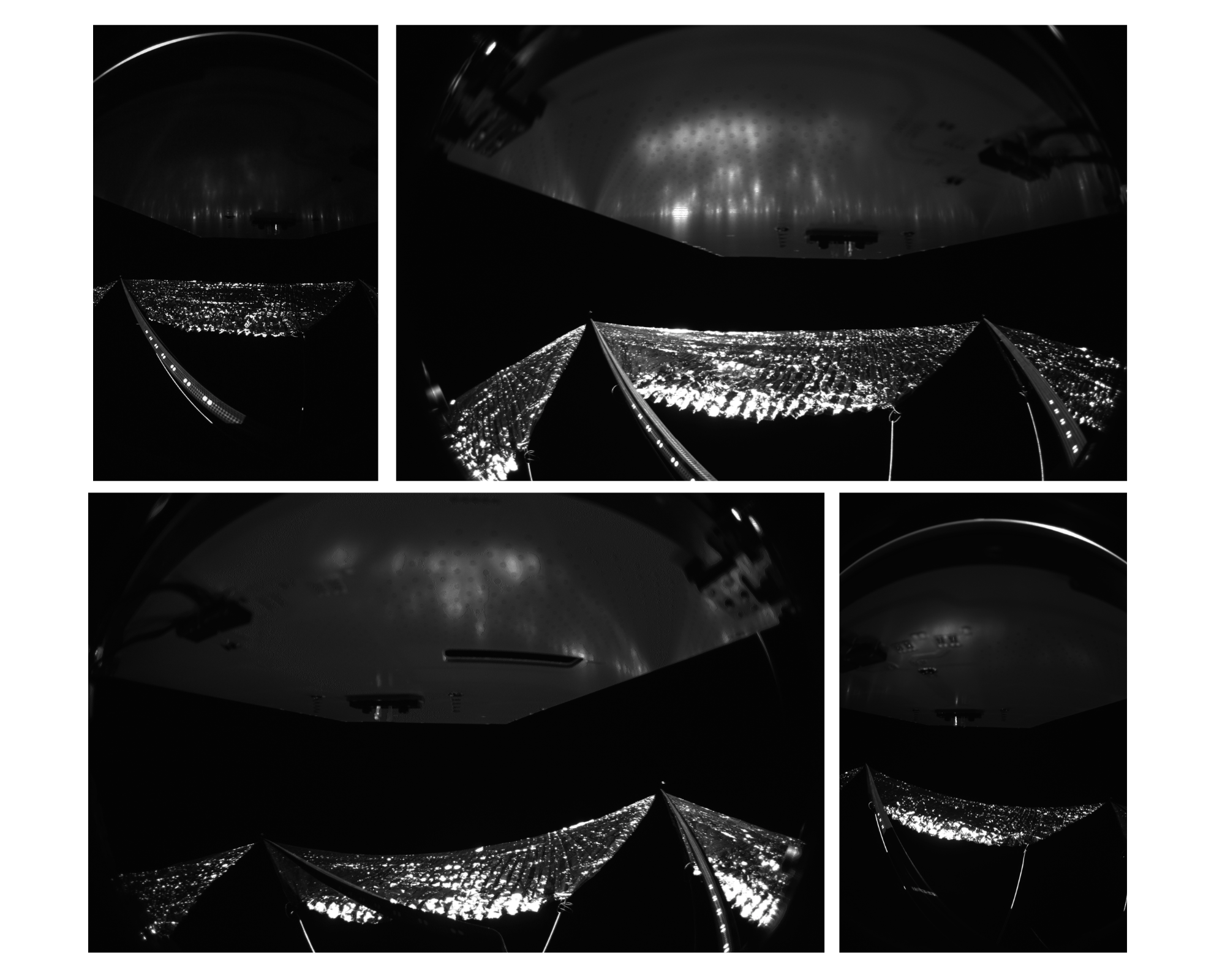 Four views from cameras onboard the spacecraft show the reflective sail quadrants supported by composite booms.