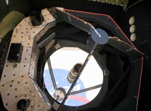 SOFIA's 2.5 meter telescope, with the NASA logo reflecting in the primary mirror. Photo: NASA