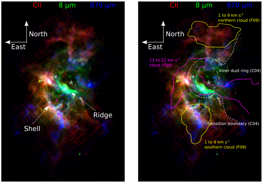 A color image of the emissions in RCW 49 showing the shell, ridge, inner dust ring, and transition boundary.