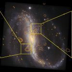 Hubble Space Telescope image of NGC 7479 with 20 cm radio continuum contours in yellow. The boxes highlight the ends of the lower and upper counter-arms; expanded versions of these regions are shown in the left and right panels where the circles depict the aperture of SOFIA’s FIFI-LS instrument.